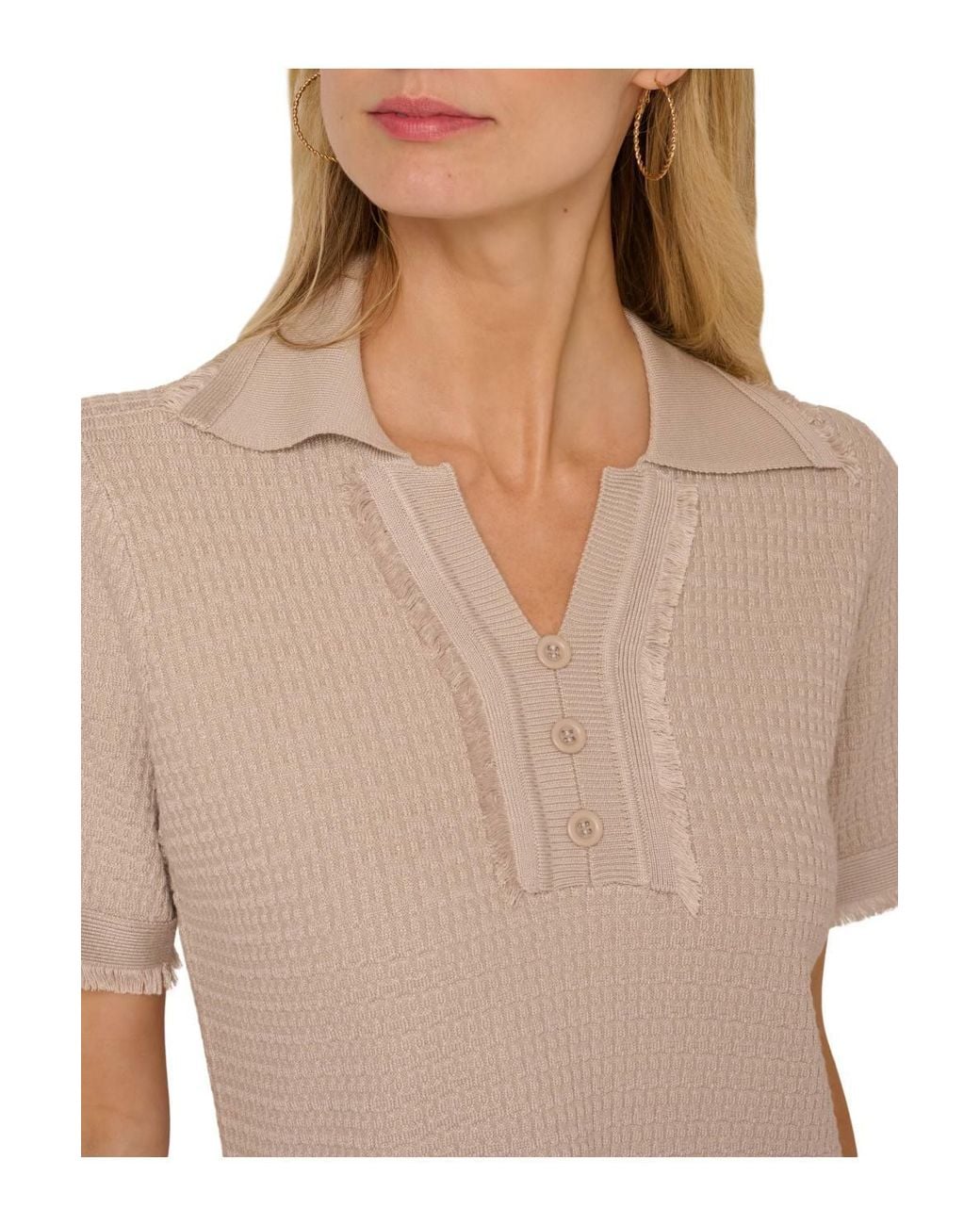 Adrianna Papell Black Short Sleeve Button Front Polo Fray Edge Sweater