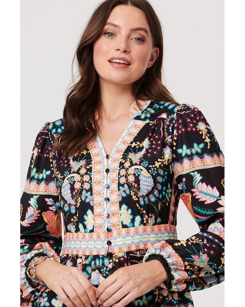 Izabel London White Floral Long Sleeve Buttoned Midi Dress