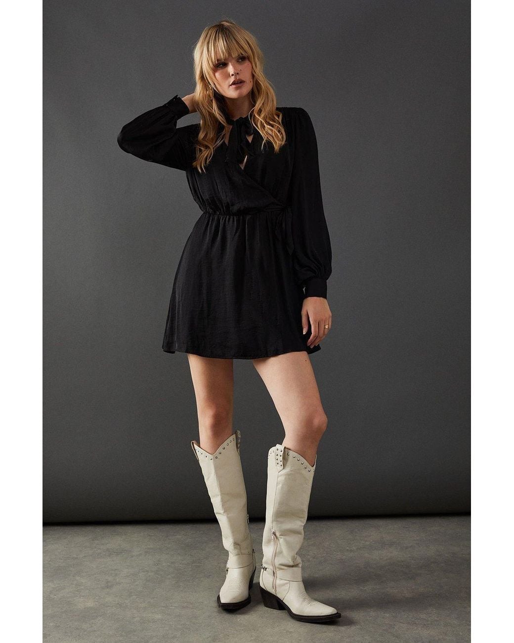 Warehouse Black Satin Tie Neck Flippy Mini Dress