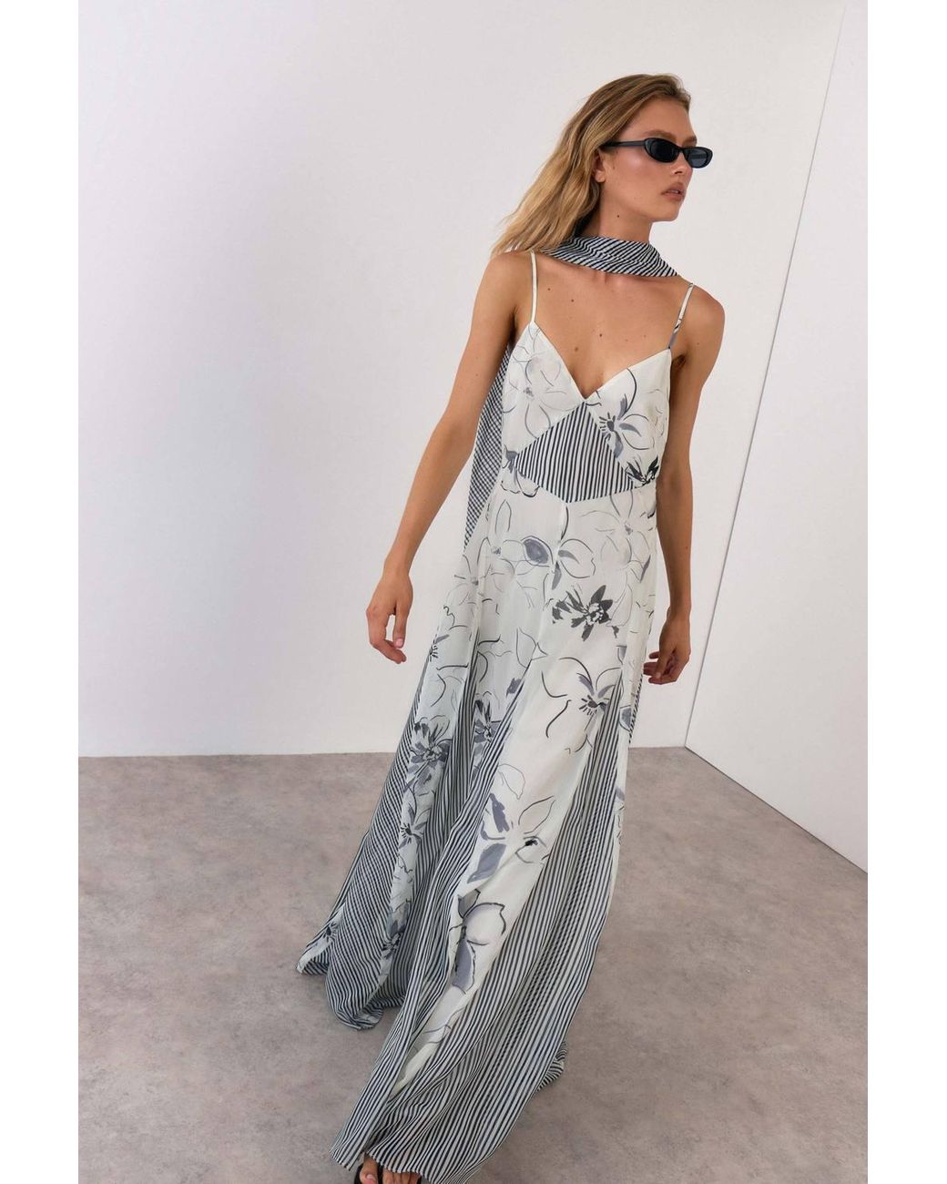 Warehouse Gray Print Mix Tie Neck Chiffon Panelled Maxi Dress