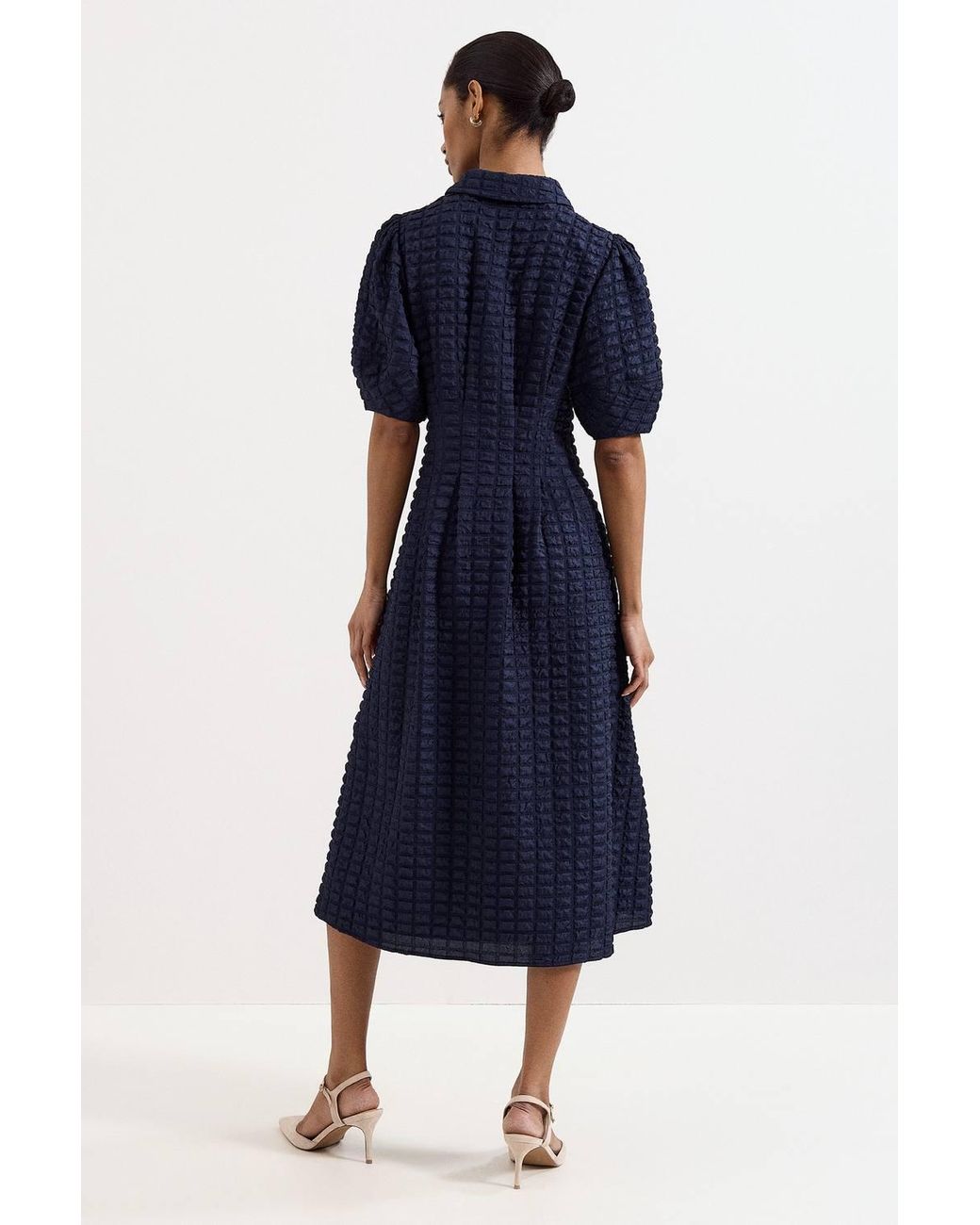 Phase Eight Blue Yasmine Textured Puff Sleeve Midi Dress