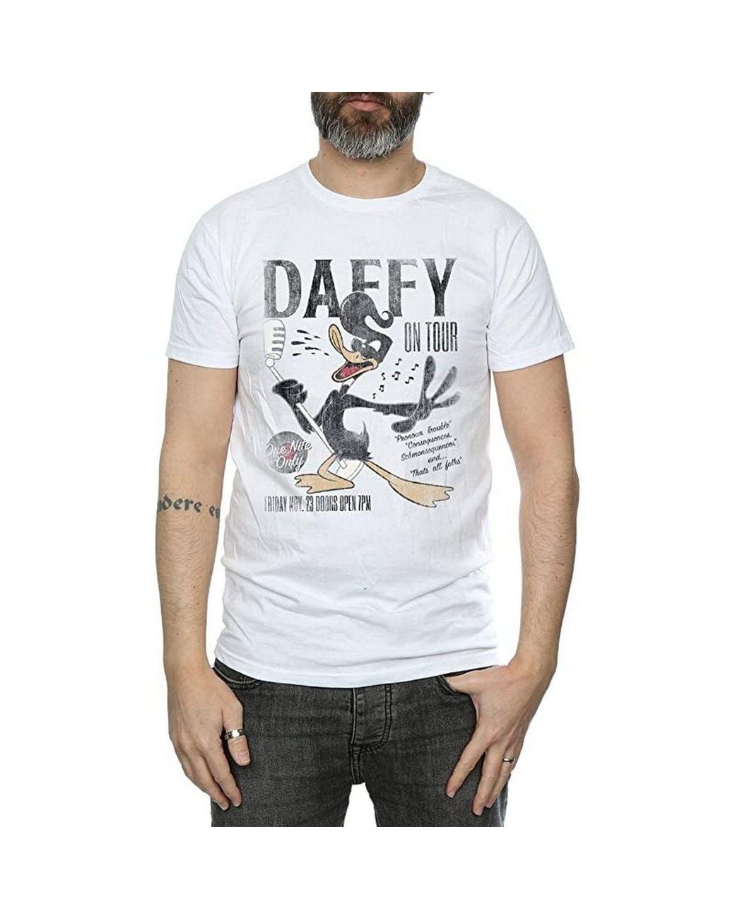 Looney Tunes White Concert Daffy Duck Cotton T-Shirt for men