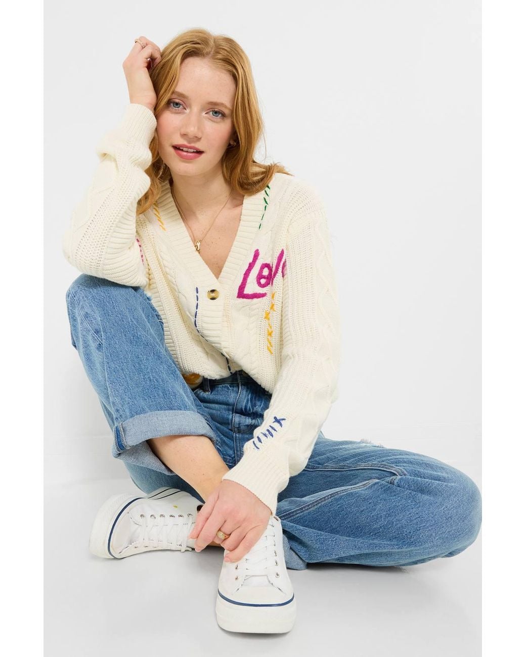 Joe Browns Natural Oversized Embroidered Cable Knit Cardigan