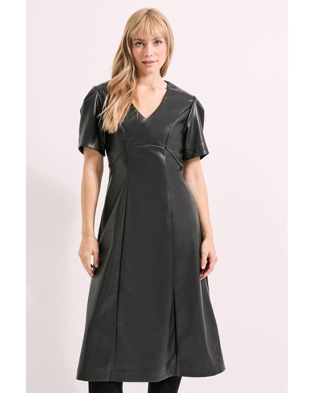 PRINCIPLES Black V Neck Fit & Flare Pu Midi Dress