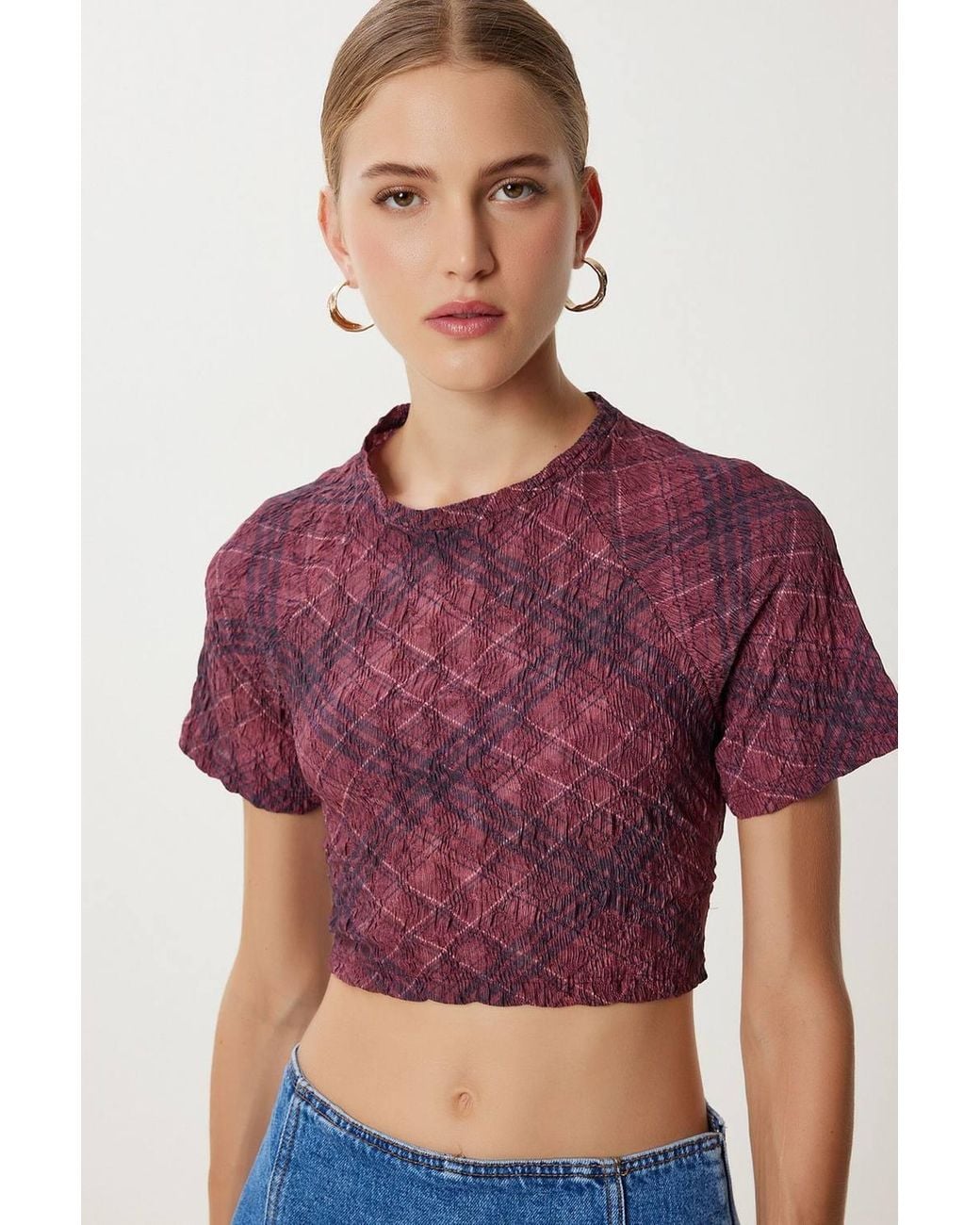 Happiness İstanbul Red Abstract Print Short Sleeve Slim Fit Crop Blouse
