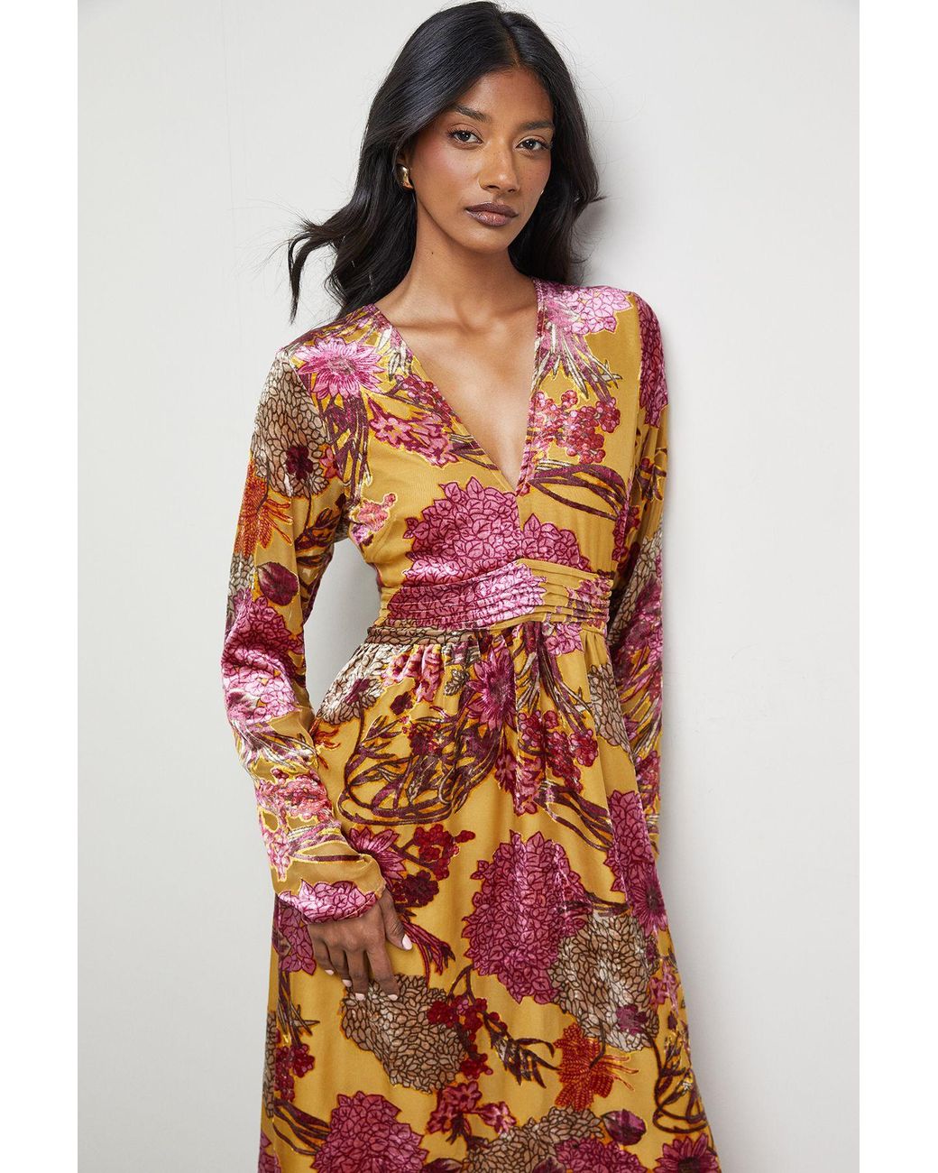Warehouse Orange Burnout Velvet Plunge Neck Waisted Midi Dress