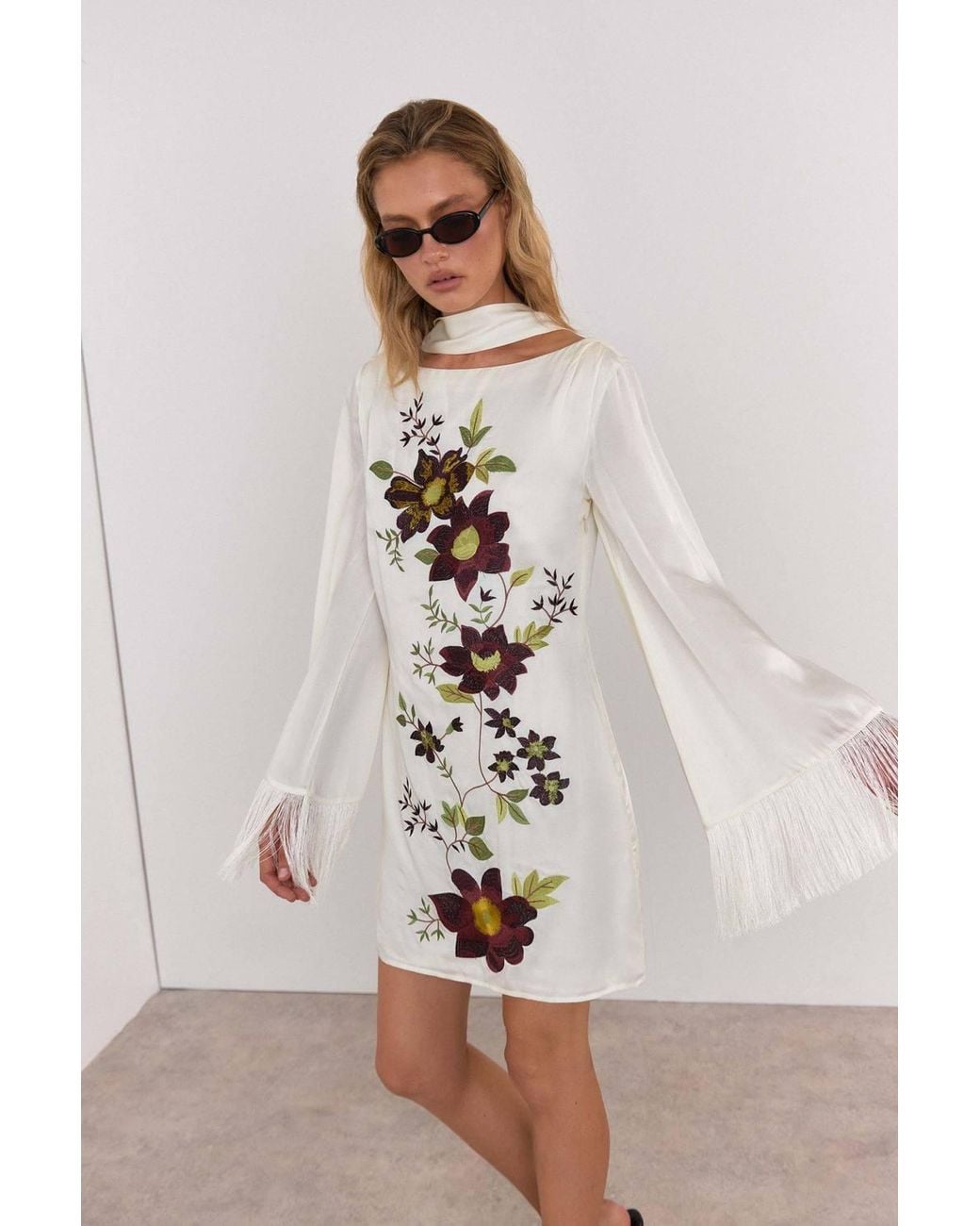 Warehouse Natural Premium Embroidered Fringed Scarf Detail Mini Dress