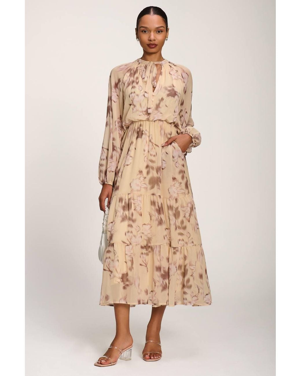 Jolie Moi Natural Chiffon Tie Neckline Maxi Dress