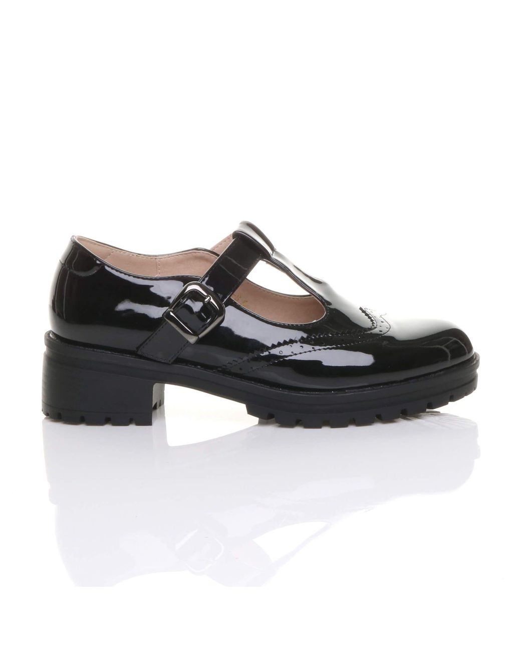 AJVANI Black Mid Heel Chunky Brogues Buckled T-Bar Mary Janes