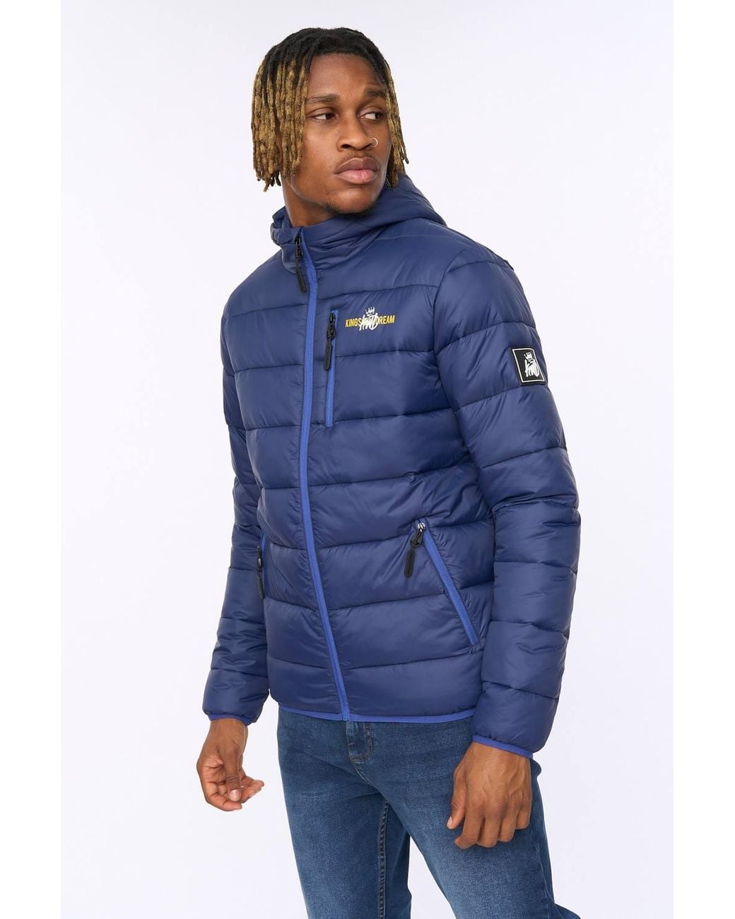 Kings Will Dream Blue Barcana Statement Quilted Puffer Jacket With Chin Guard for men