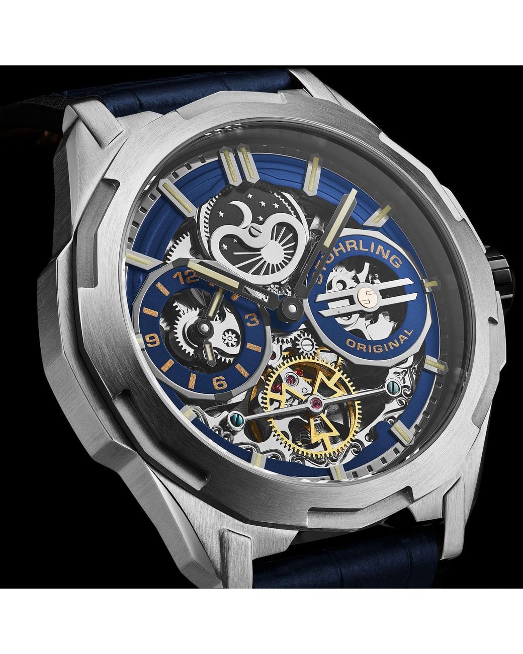 Stuhrling Metallic Dual Time Automatic Navigator Watch, 46Mm Stainless Steel Case, Dual Time, Skeleton Dial, Sun/Moon Phase Indicator for men