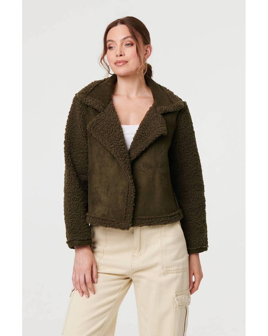 Izabel London Green Faux Suede Teddy Lined Biker Jacket