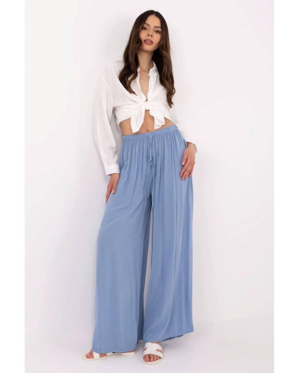 Love Lace Blue Viscose High Waisted Lightweight Wide Leg Trousers
