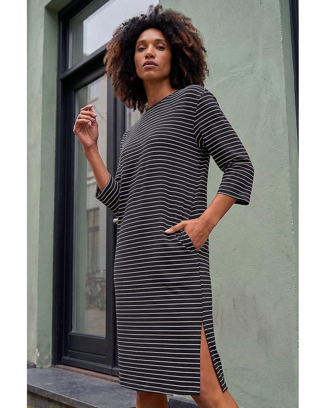 Roman Gray Stripe Jersey Stretch T-Shirt Dress
