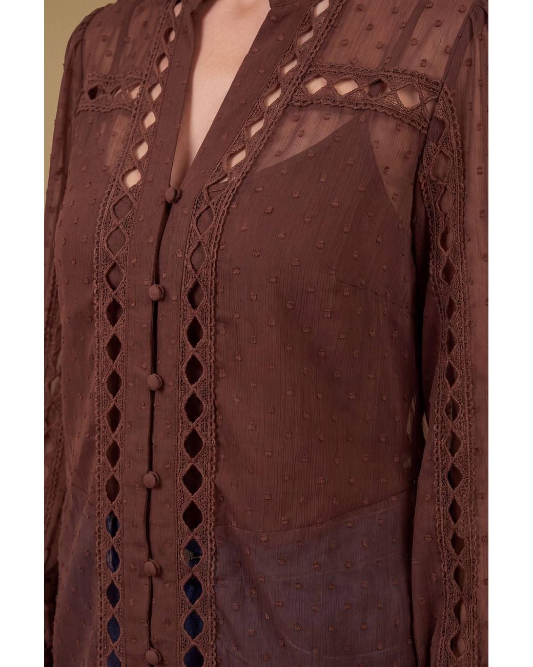 Oasis Blue Dobby Chiffon Trim Detail Button Down Blouse