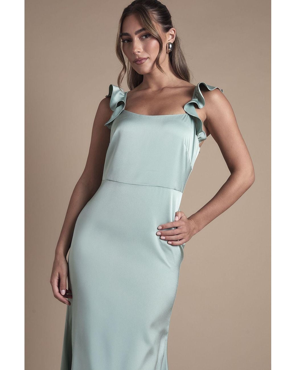 Oasis Green Ruffle Square Neck Satin Bridesmaid Midi Dress