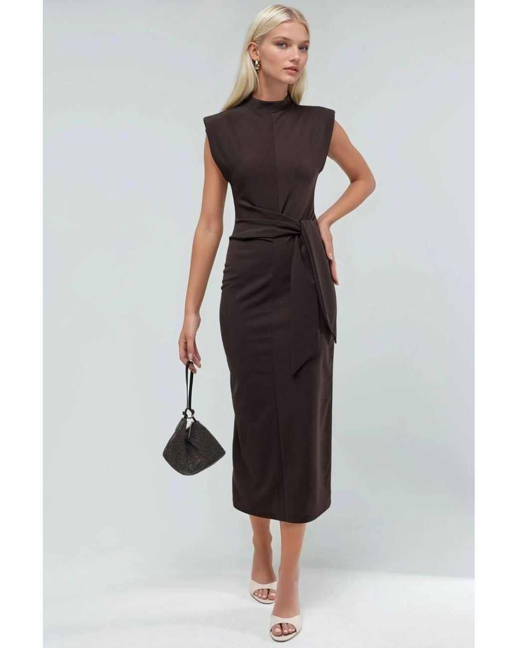 Busem Brown Sleeveless Fitted Midi Dress With Tie Detail