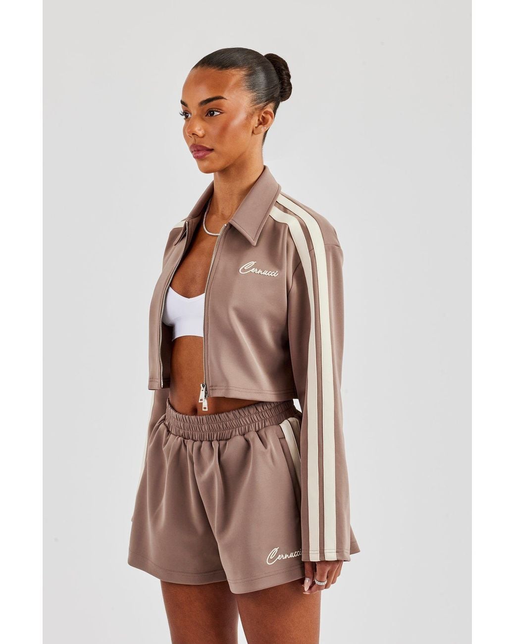 CERNUCCI Brown Taping Cropped Harrington Jacket