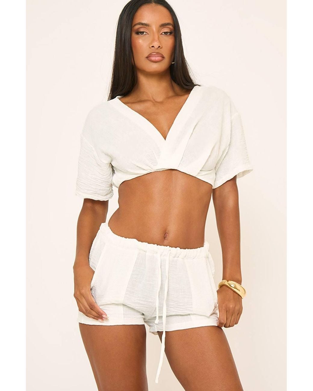 EGO White Short Sleeve Plunging Neckline Linen Mini Top