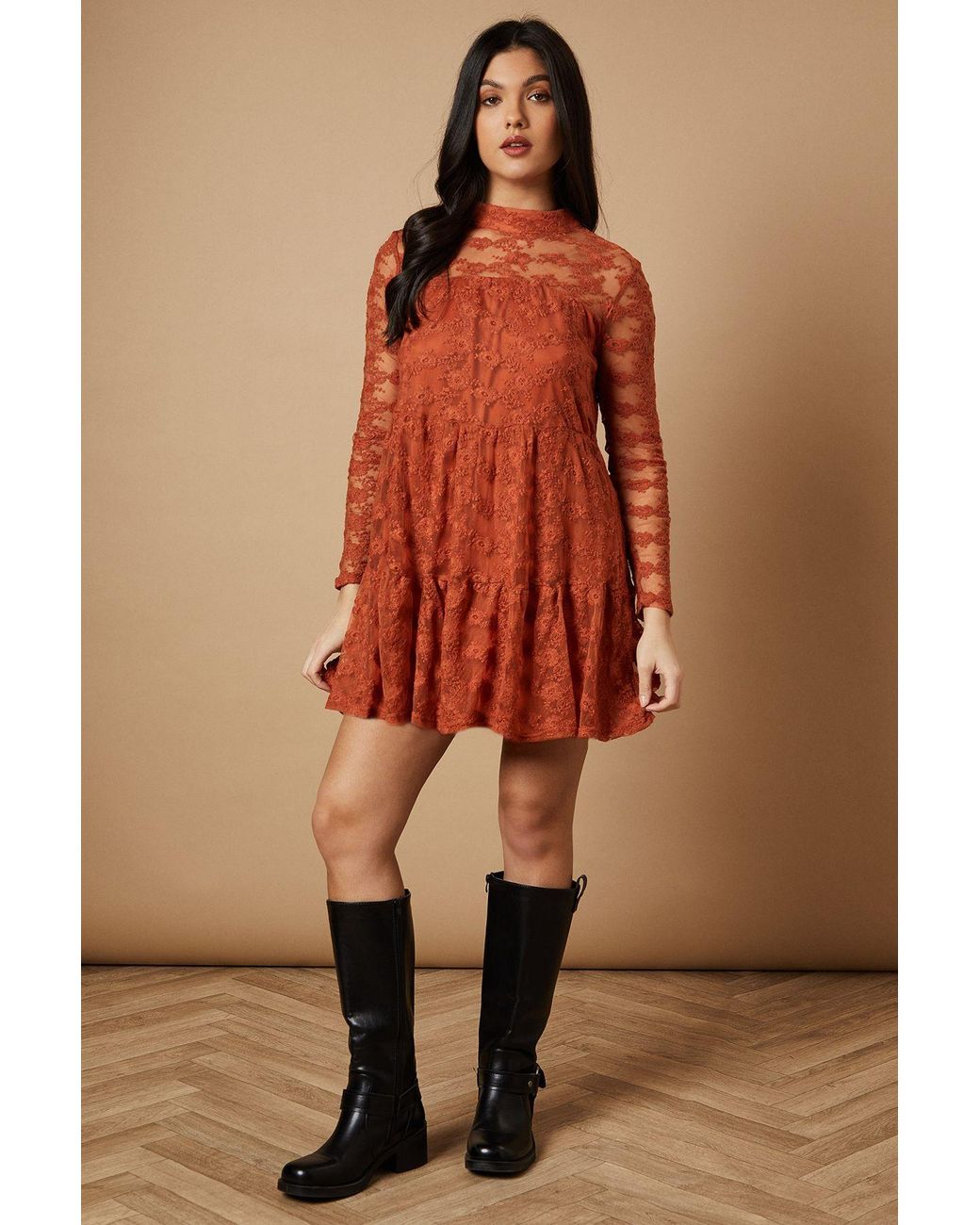 Warehouse Brown Embroidered Mesh High Neck Tier Smock Mini Dress