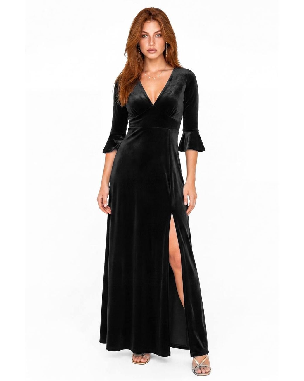Maya Deluxe Black Flute Sleeve Velvet Maxi Dress