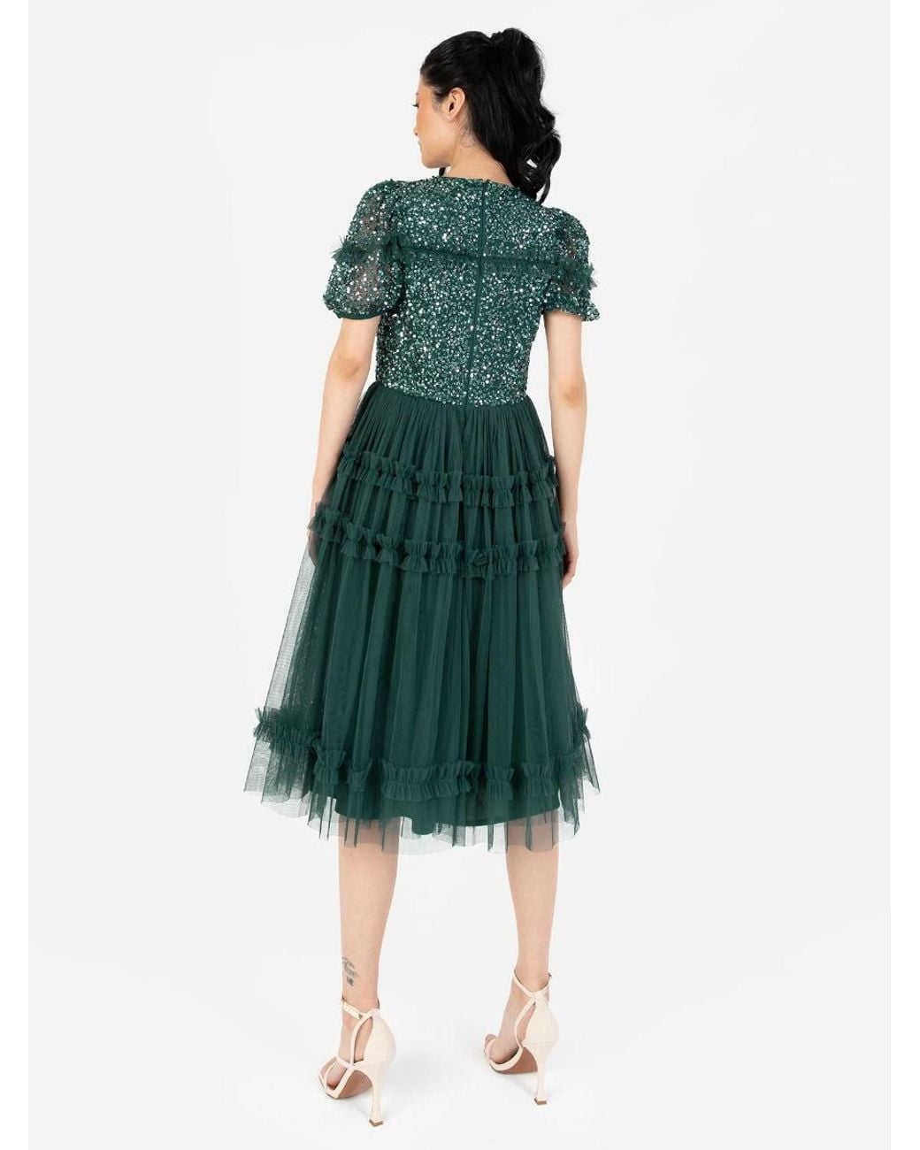 Maya Deluxe Green Embellished Short Sleeve Midi Dress