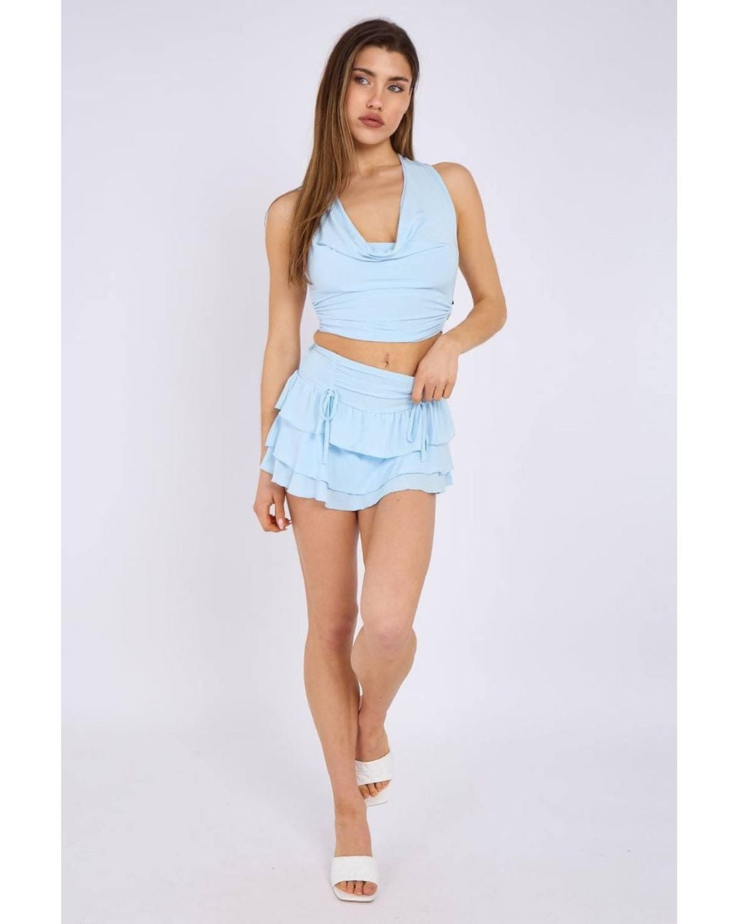 Stylewise Blue Tie Front Frill Detail Slinky Shorts