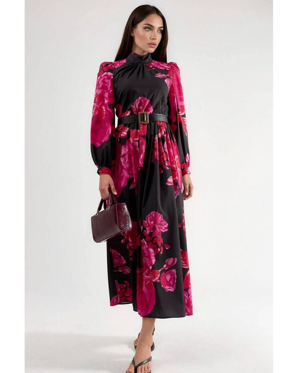 Msn-Collection Red Floral Belted Maxi Dress With Half Turtleneck