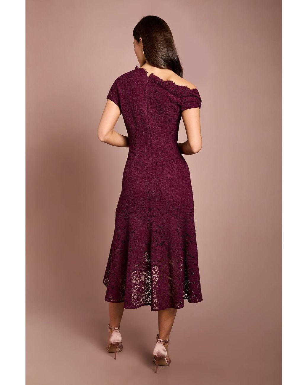 Coast Purple Off The Shoulder Lace Hi Lo Dress