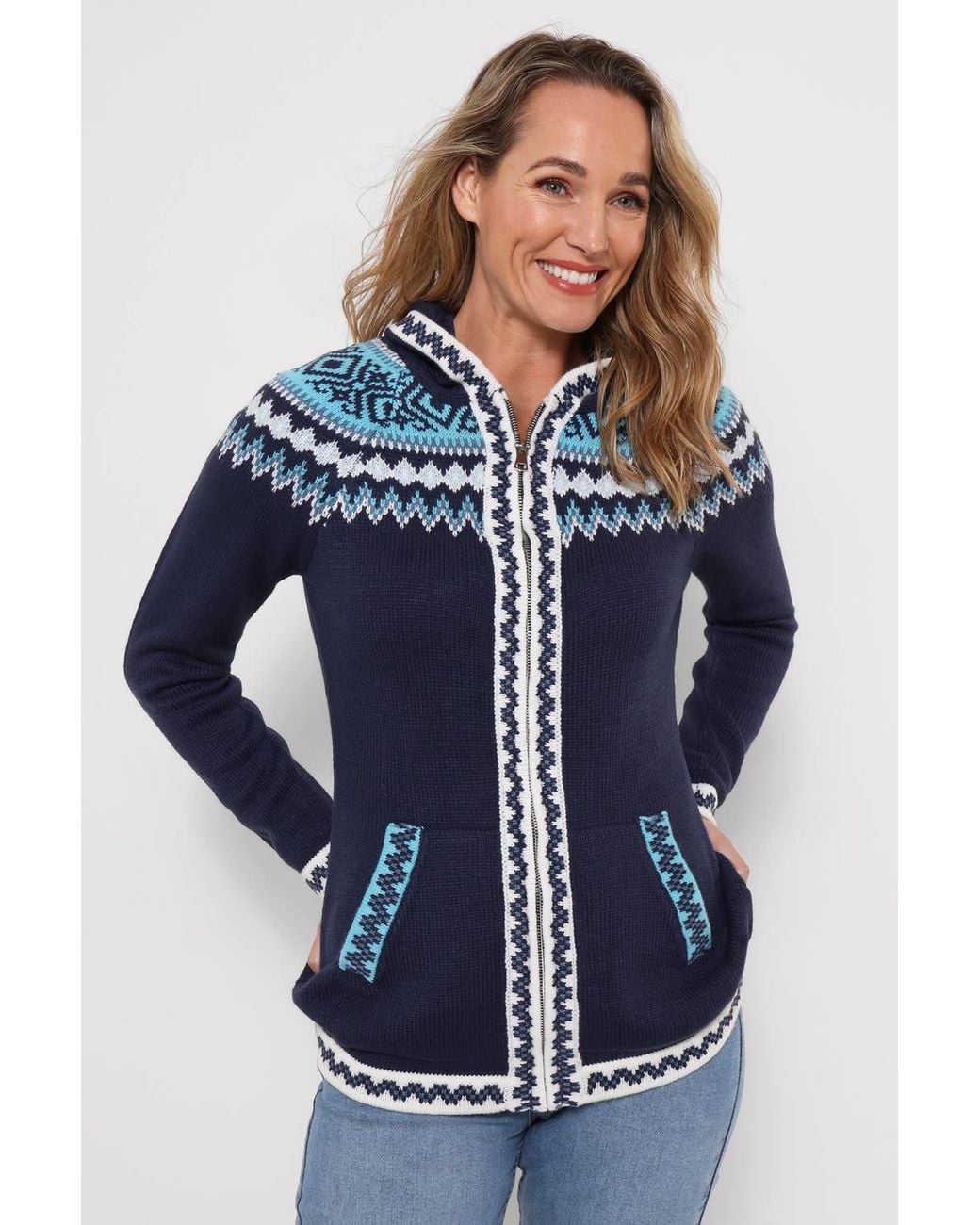 Joe Browns Blue Trinnie Fairisle Zip Through Hooded Jumper