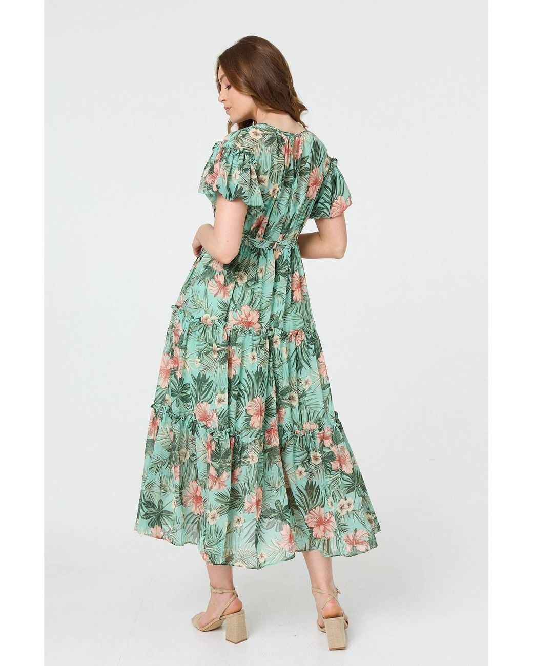 Izabel London Green Tropical Print Frill Tiered Midi Dress