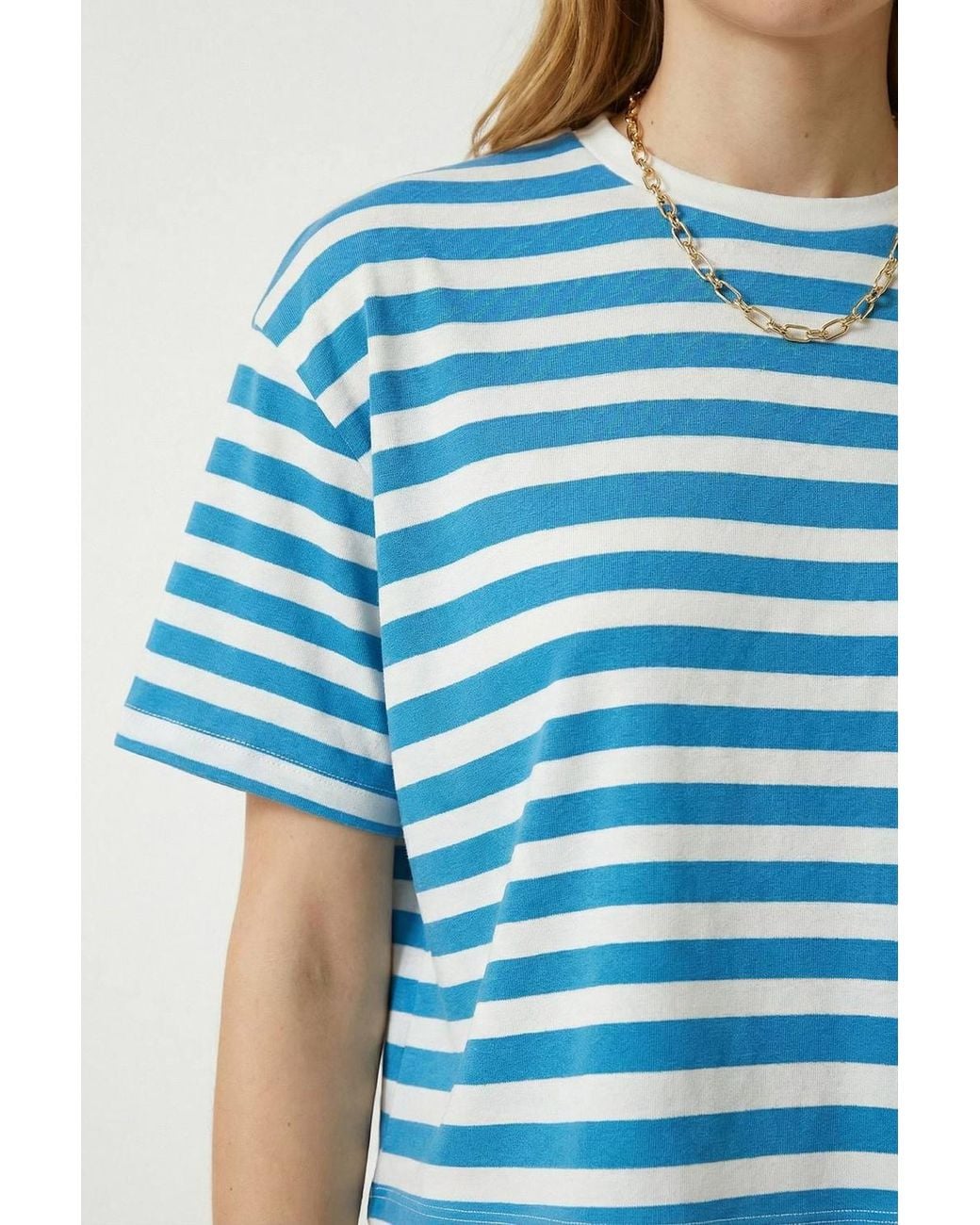 Happiness İstanbul Blue Oversized Striped Crop Crew-Neck T-Shirt