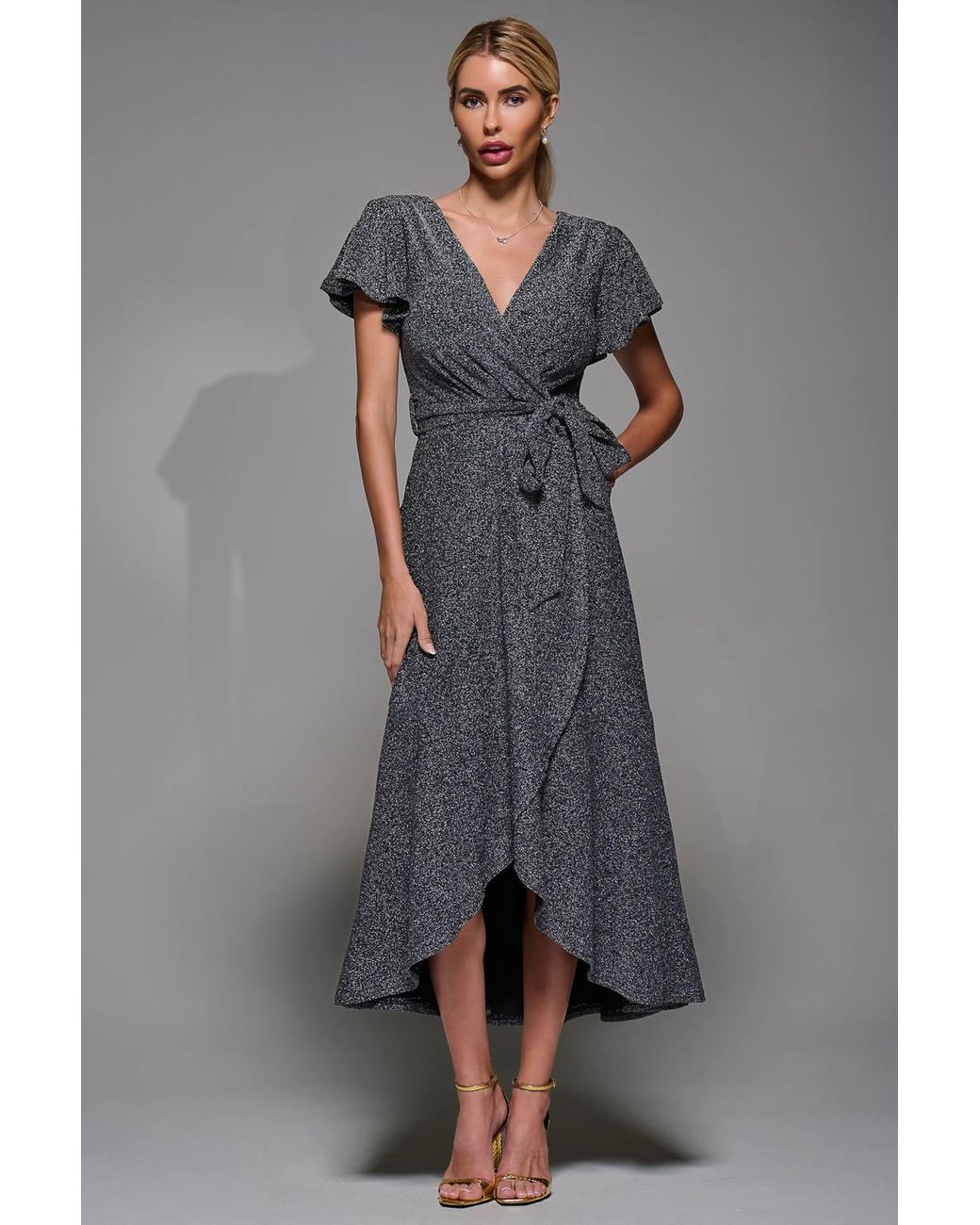 Jolie Moi Gray Metalic Angel Sleeve Wrap Maxi Dress