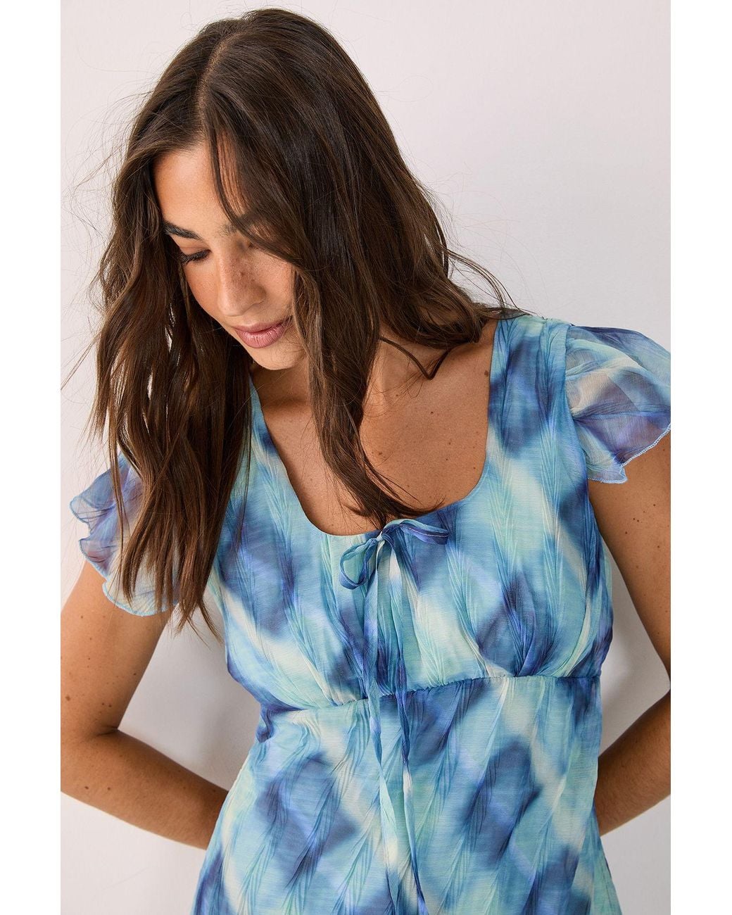 Nasty Gal Blue Crinkle Chiffon Check Tie Front Fluted Sleeve Mini Dress