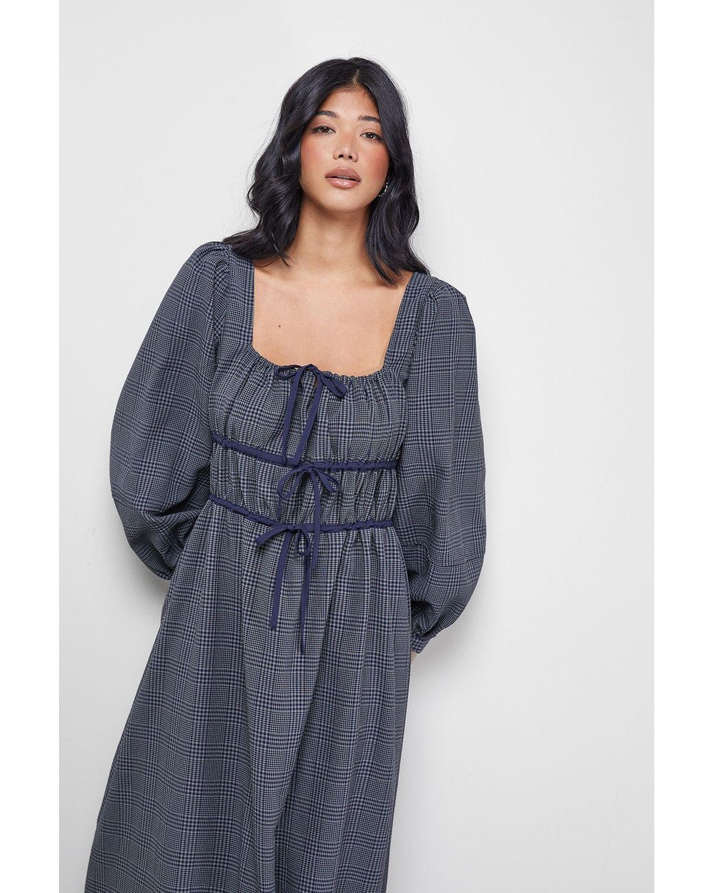 Warehouse Blue Check Tie Front Square Midi Dress