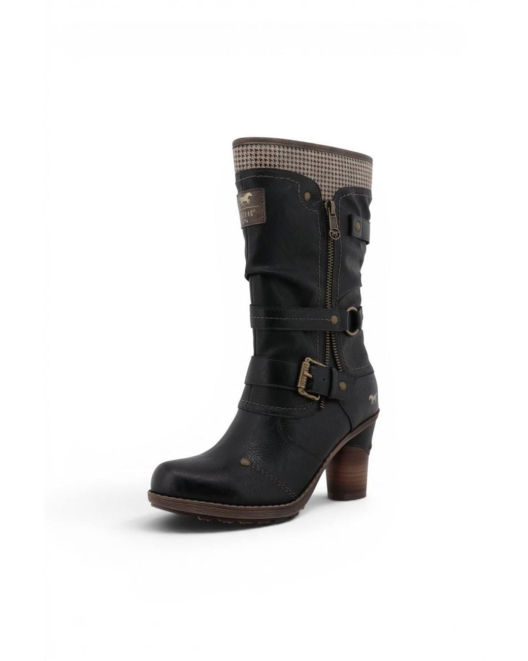 Infinity Leather Black Mustang Mid-Calf Heeled Long Boots