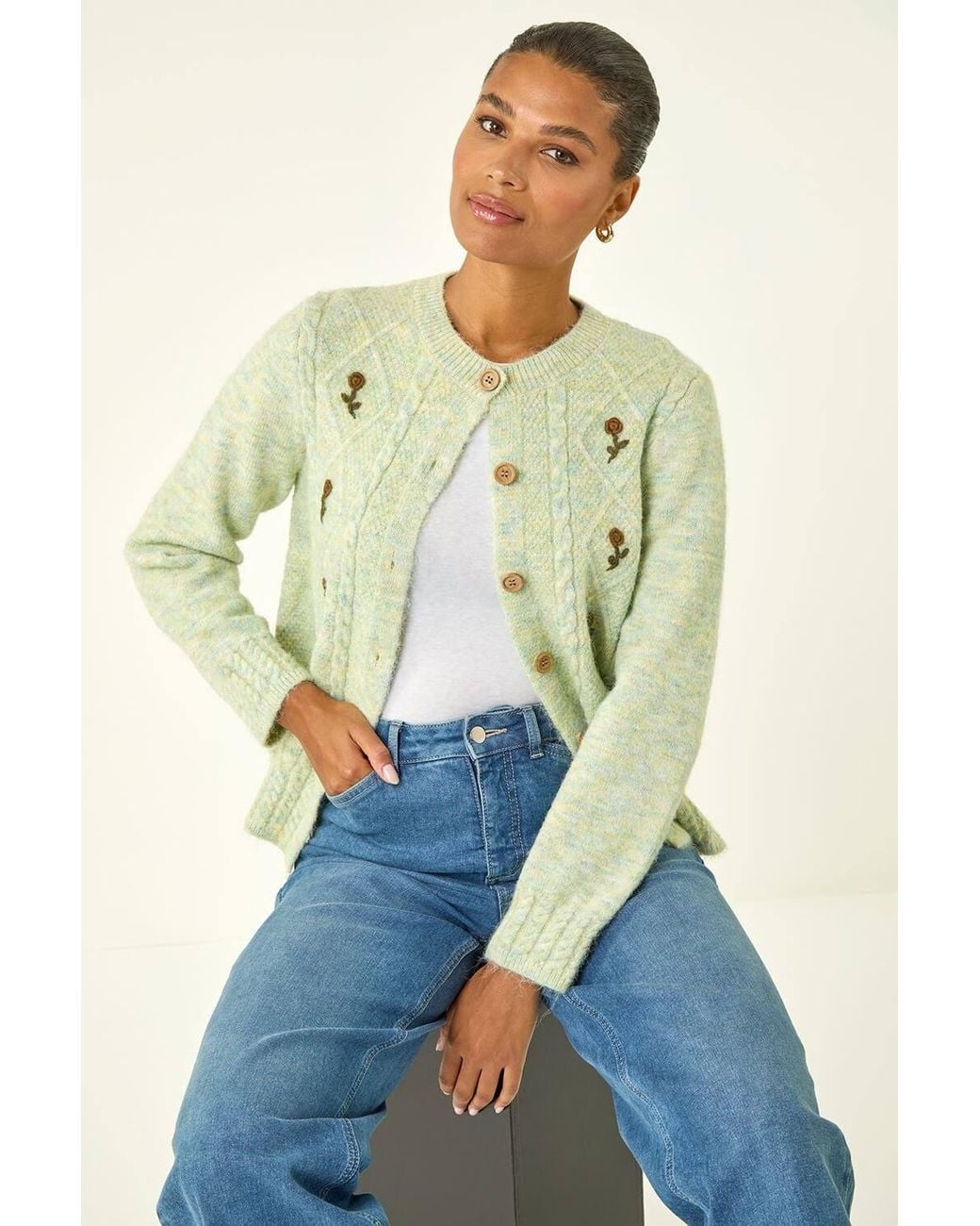 Roman Blue Embroidered Floral Knit Cardigan