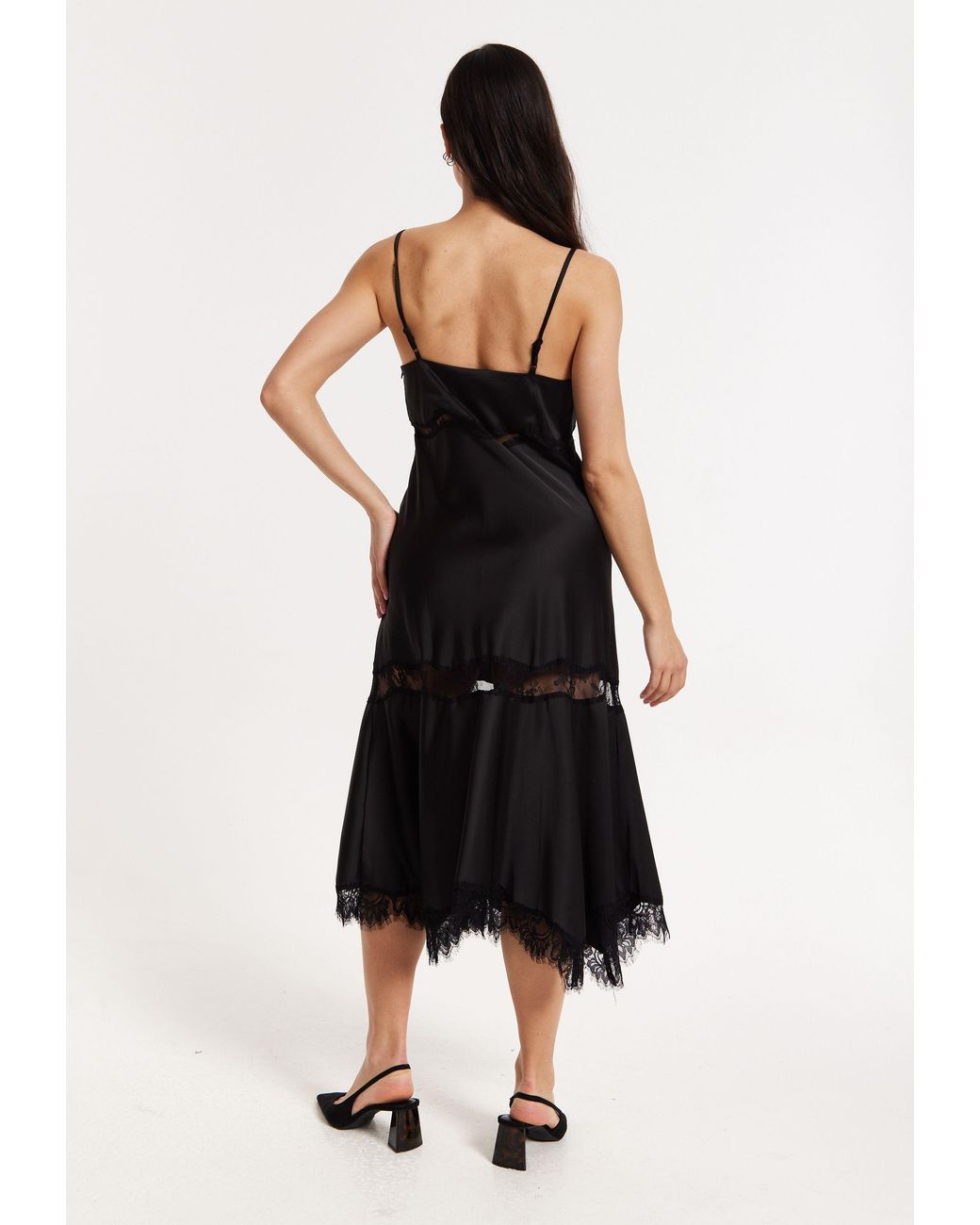 Liquorish Black Satin Lace Midi Slip Dress