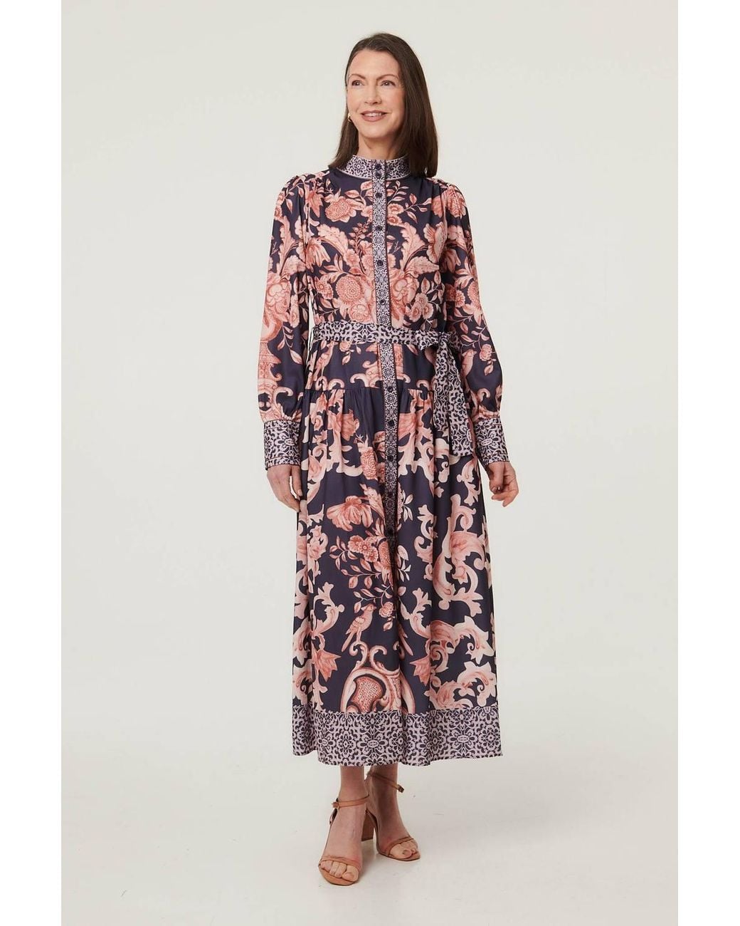 Izabel London Red Border Print High Neck Maxi Shirt Dress