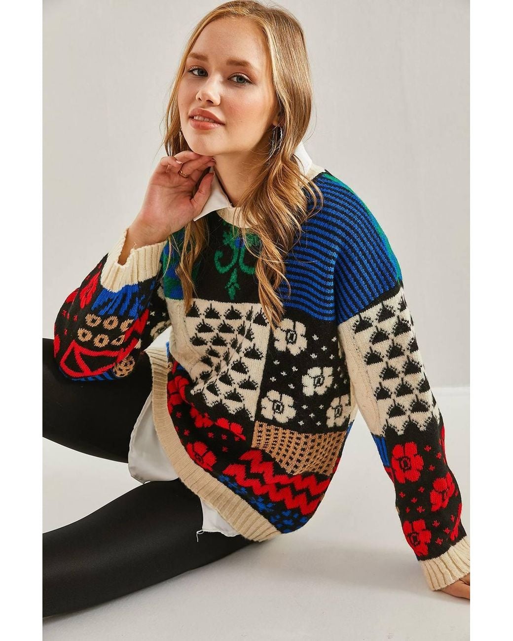 Bianco Lucci Red Thick Abstract Ribbed Knit Sweater With Crew Neck