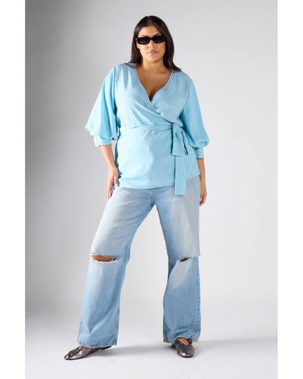 Shnoo Blue Wrap Blouse With Tie Waist