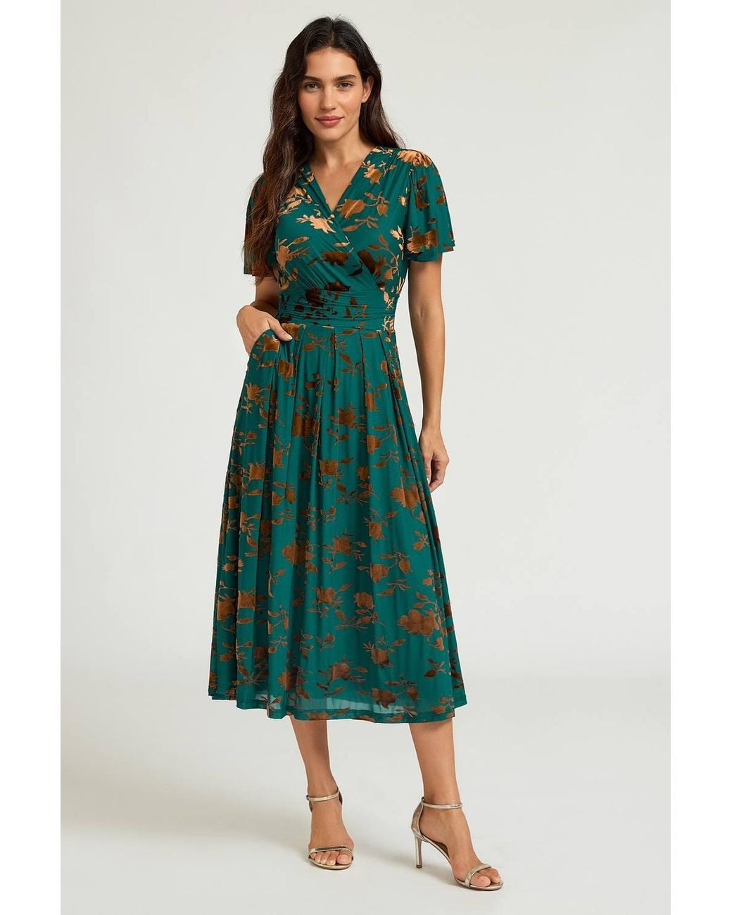 FS Collection Green Velvet Flock Short Sleeve Midi Dress
