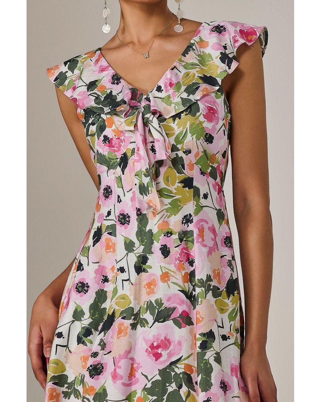 Jolie Moi Multicolor Frill V Neck Midaxi Dress