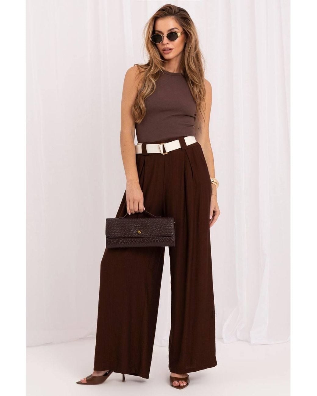 Love Lace Brown Elegant Viscose High Waisted Wide Leg Trousers
