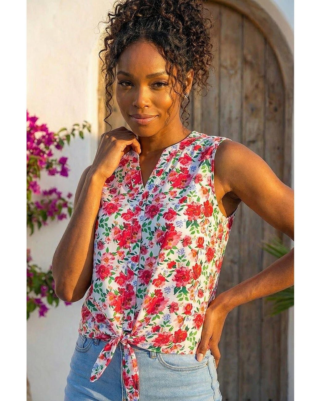 Roman Red Floral Tie Front Blouse