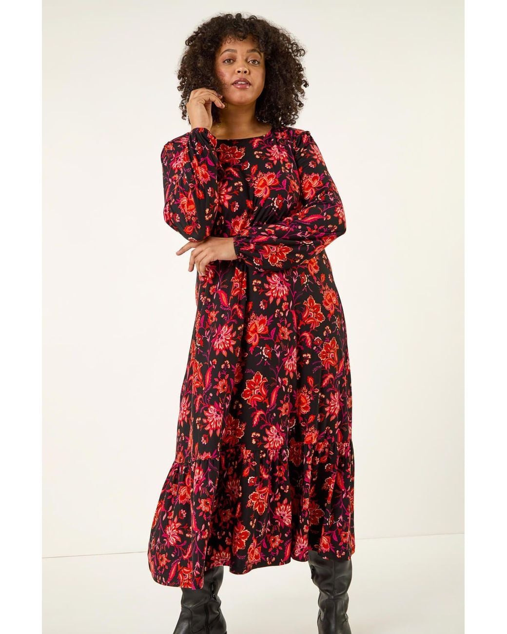 Roman Red Curve Floral Print Stretch Dress