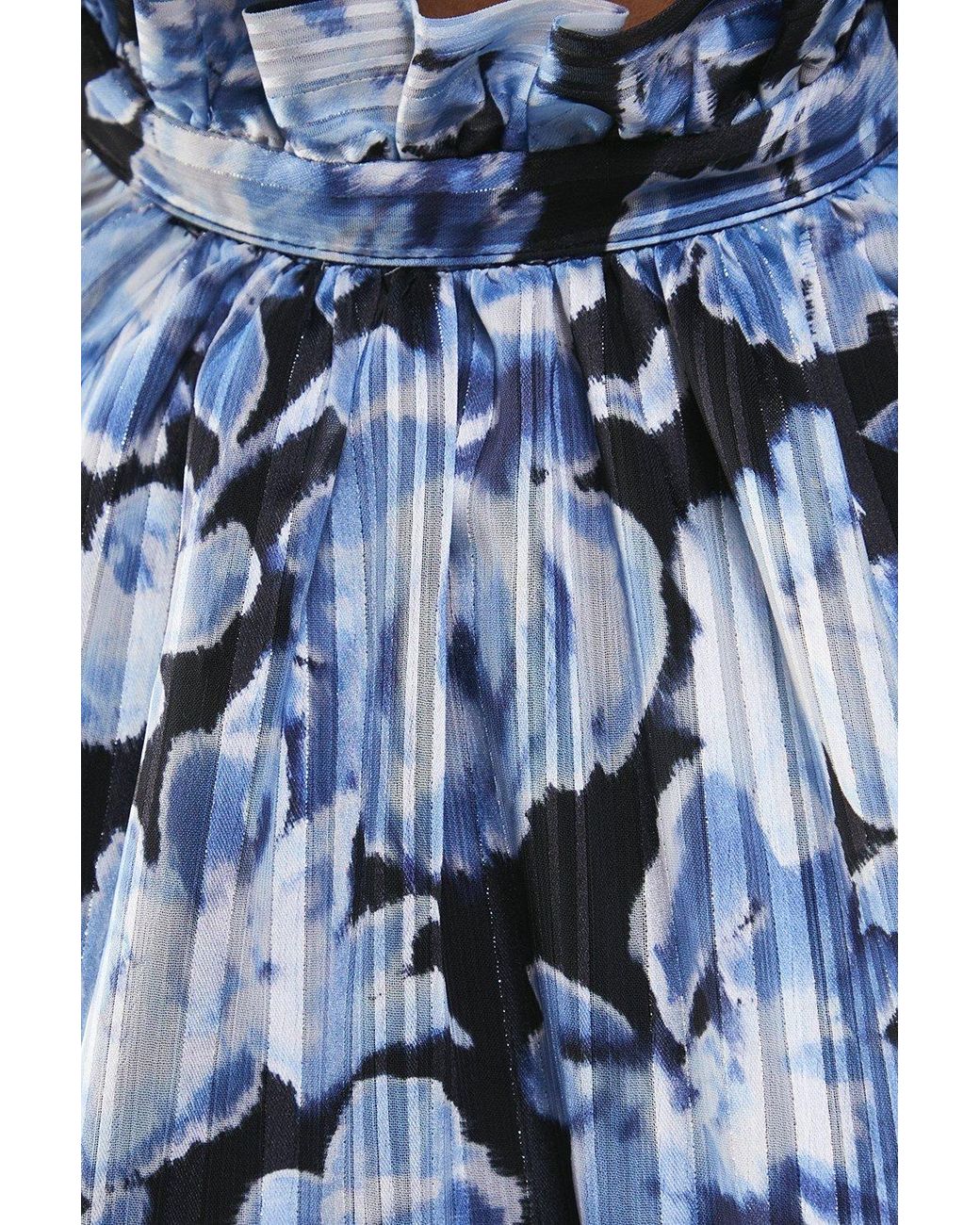 Warehouse Blue Shadow Stripe High Neck Tie Back Mini Dress