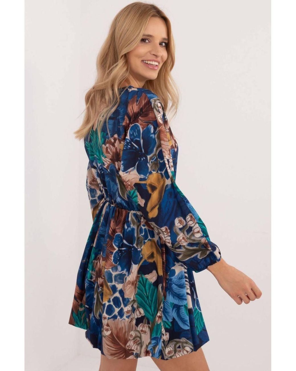 Love Lace Blue Floral Heart Neck Long Sleeve Mini Dress