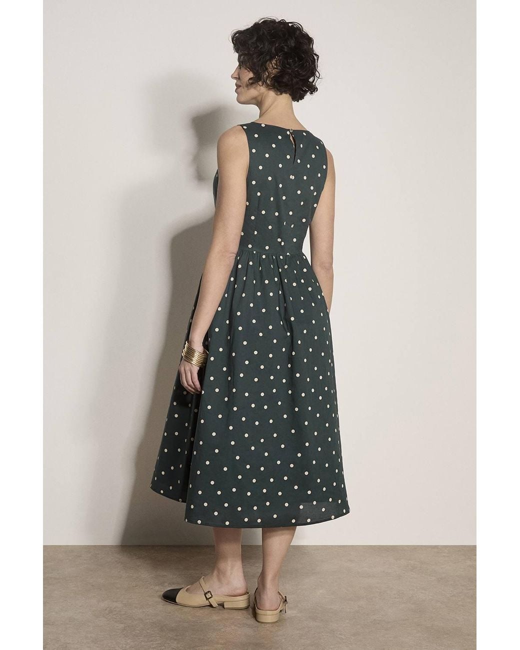 Apricot Green Polka Dot A-Line Cotton Midi Dress