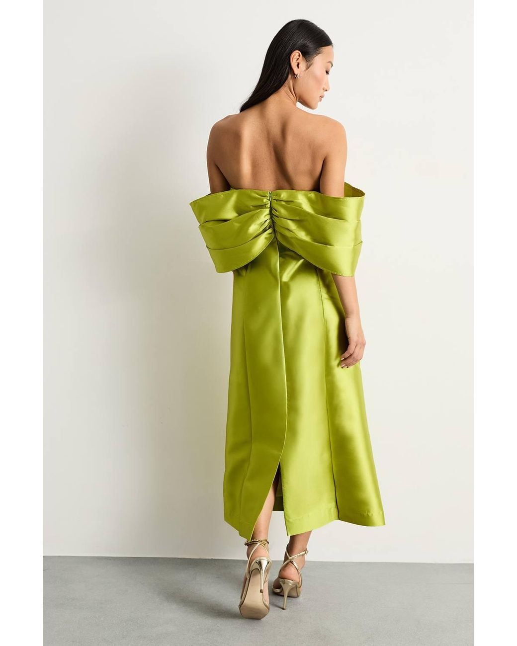Warehouse Green Petite Satin Twill Notch Front Bardot Midi Dress